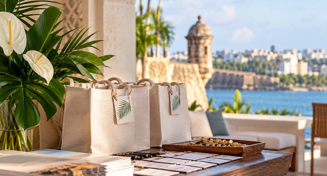Corporate event welcome bags and guest registration setup in Puerto Rico