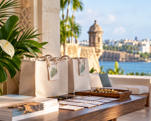 Corporate event welcome bags and guest registration setup in Puerto Rico